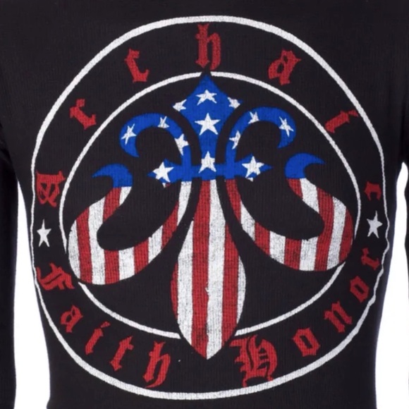 Archaic by Affliction Men's Thermal Shirt BORN PATRIOT Skull Biker Black - Picture 6 of 8